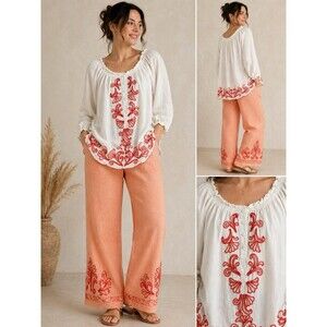 The Webster Miami Embroidered Blouse XS White Red Boho Peasant Cotton Top